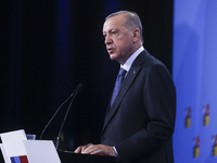 President of Turkey Recep Tayyip Erdogan is holding a press conference during NATO Summit at the IFEMA congress centre in Madrid, Spain on J...