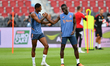 Manchester United Marcus Rashford [L] and Eric Bailly [R] in action during the training se...
