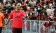 Virgil van Dijk of Liverpool FC greets the fans after the open training session ahead of t...