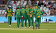 Joe Root of England is bowled by Anrich Nortje of South Africa during the Royal London One...