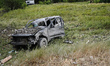 KOSTIANTYNIVKA, UKRAINE - JULY 10, 2022 - A burnt-out car destroyed as a result of shellin...