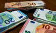 Bills of 5, 10, 20, 50 euros. Illustration pictures of bills and coins in euro. Cours-la-V...