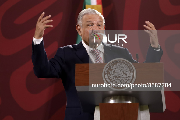 July 25, 2022, Mexico City, Mexico: Mexican President Andres Manuel Lopez Obrador, gestures while talk  during his meeting with reporters du...