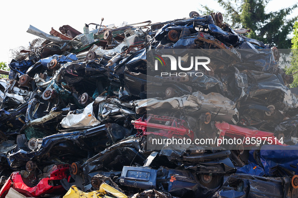 Scrap cars are seen at a salvage yard in Krupina, Slovakia on July 28, 2022. 