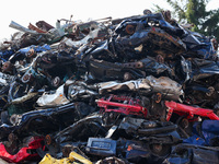 Scrap cars are seen at a salvage yard in Krupina, Slovakia on July 28, 2022. (
