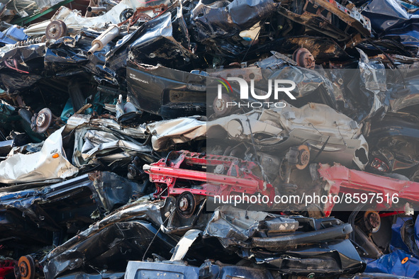 Scrap cars are seen at a salvage yard in Krupina, Slovakia on July 28, 2022. 