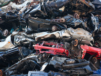 Scrap cars are seen at a salvage yard in Krupina, Slovakia on July 28, 2022. (