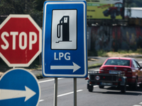 Stop and LPG signs are seen near a road in Krupina, Slovakia on July 28, 2022. (