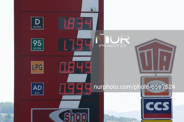 Gas prices are seen at a petrol station in Tupa, Slovakia on July 28, 2022. 