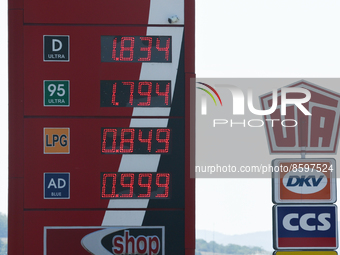 Gas prices are seen at a petrol station in Tupa, Slovakia on July 28, 2022. (