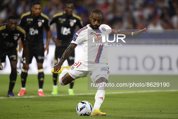 Alexandre Lacazette of Olympique Lyonnais shooting to goal during the Ligue 1 match between Olympique Lyonnais and AC Ajaccio at Groupama St...