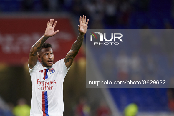 Corentin Tolisso of Olympique Lyonnais celebrates victory after the Ligue 1 match between Olympique Lyonnais and AC Ajaccio at Groupama Stad...