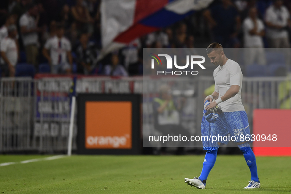 Anthony Lopes of Olympique Lyonnais dejected after shower the red card during the Ligue 1 match between Olympique Lyonnais and AC Ajaccio at...