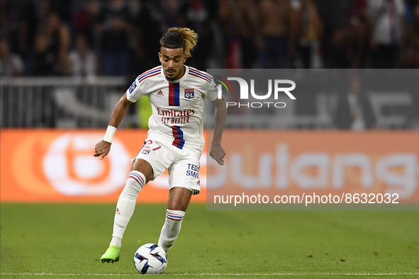 Malo Gusto of Olympique Lyonnais in action during the Ligue 1 match between Olympique Lyonnais and AC Ajaccio at Groupama Stadium on August...