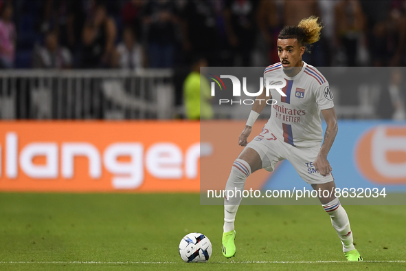 Malo Gusto of Olympique Lyonnais in action during the Ligue 1 match between Olympique Lyonnais and AC Ajaccio at Groupama Stadium on August...