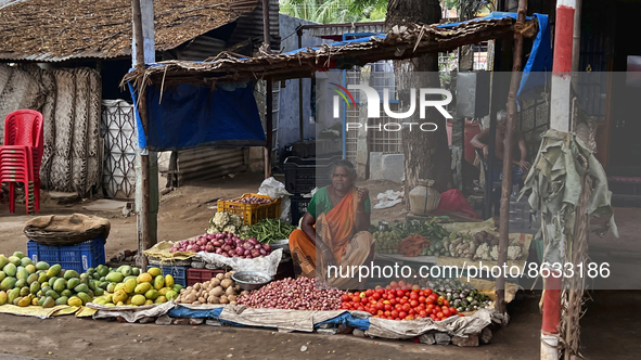 Woman selling fruits and vegetables along the roadside in Nilakkottai (Nilakottai), Tamil Nadu, India, on May 18, 2022.  