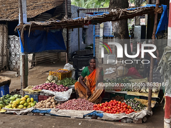 Woman selling fruits and vegetables along the roadside in Nilakkottai (Nilakottai), Tamil Nadu, India, on May 18, 2022.  (