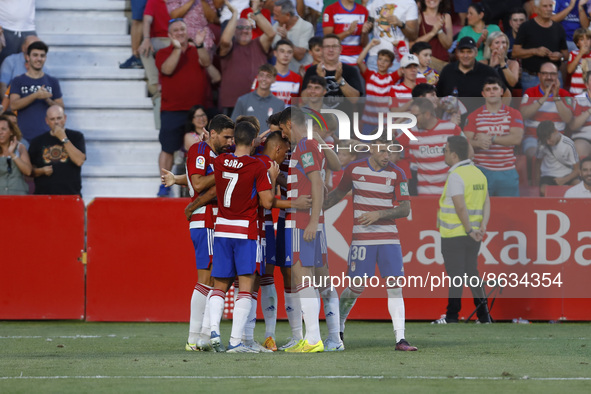 Antonio Puertas, of Granada CF  scores a goal during the City of Granada Trophy match between Granada CF and Malaga CF at Nuevo Los Carmenes...