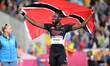 Jereem Richards of Trinidad and Tobago celebrates winning the 200m during the athletics at...