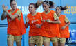 Mariona Caldentey, Maria Leon and Aitana Bonmati during the friendly match between Barcelo...