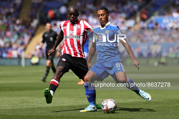 Youri Tielemans of Leicester City under pressure from Yoane Wissa of Brentford during the Premier League match between Leicester City and Br...