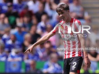 Aaron Hickey of Brentford gestures during the Premier League match between Leicester City and Brentford at the King Power Stadium, Leicester...