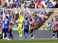 The ball hits the back of the net as David Raya of Brentford fails to save a shot from Timothy Castagne of Leicester City (not pictured) dur...
