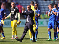 Brendan Rodgers, Manager of Leicester City applauds the fans at the final whistle during the Premier League match between Leicester City and...