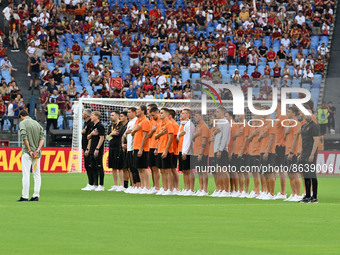 the players of the Shakhtar Donetsk during the Ukrainian national anthem during the Pre-Season Friendly 2022/2023  match between AS Roma vs...