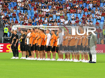 the players of the Shakhtar Donetsk during the Ukrainian national anthem during the Pre-Season Friendly 2022/2023  match between AS Roma vs...