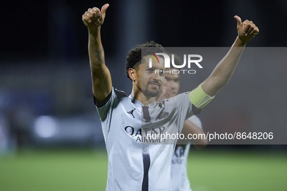 Marquinhos of PSG greets his supporters after the Ligue 1 match between Clermont Foot and Paris Saint-Germain at Stade Gabriel Montpied on A...