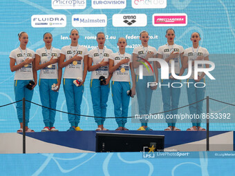 Ukrainian national anthem during the Syncro European Acquatics Championshis - Artistic Swimming (day1) on August 11, 2022 at the Foro Italic...