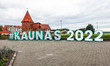 Giant Kaunas 2022 inscription in front of Kaunas Castle is seen in Kaunas, Lithuania on 6...