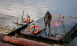 Army building a pontoon bridge on the Vistula river in Warsaw, Poland on August 31, 2019 