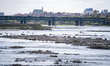 Low water level in the Vistula in Warsaw, Poland on April 21, 2020 