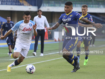 Hirving :Lozano of SSC Napoli battle for the ball with Bruno Amione of Hellas Verona FC during Hellas Verona vs SSC Napoli, 1° Serie A Tim 2...