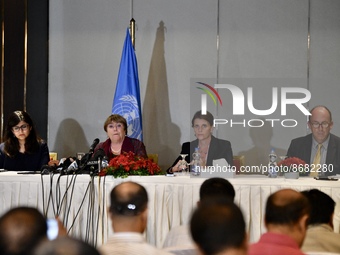 United Nations High Commissioner for Human Rights Michelle Bachelet speaks during a press conference in a hotel in Dhaka, Bangladesh on Augu...