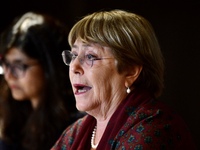United Nations High Commissioner for Human Rights Michelle Bachelet speaks during a press conference in a hotel in Dhaka, Bangladesh on Augu...