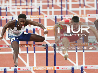 Just Kwaou-Mathey of France and Asier Martinez of Spain during the Athletics, Semi-final Men&#39;s 110m Hurdles at the European Championship...