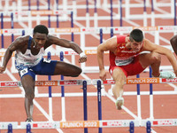 Just Kwaou-Mathey of France and Asier Martinez of Spain during the Athletics, Semi-final Men&#39;s 110m Hurdles at the European Championship...