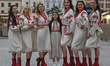 Members of the Ukrainian singing group 'Korali' pose for a picture after their performance...