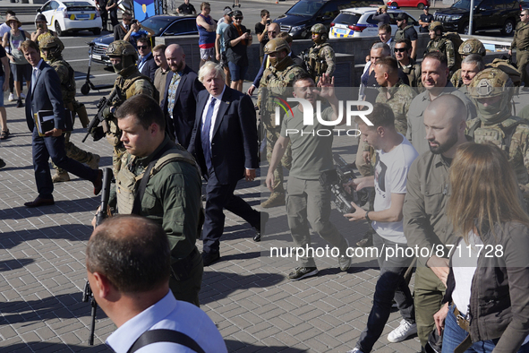  President of Ukraine Volodymyr Zelenskyi and Prime Minister of Great Britain Boris Johnson walk along Khreshchatyk Street, where an exhibit...