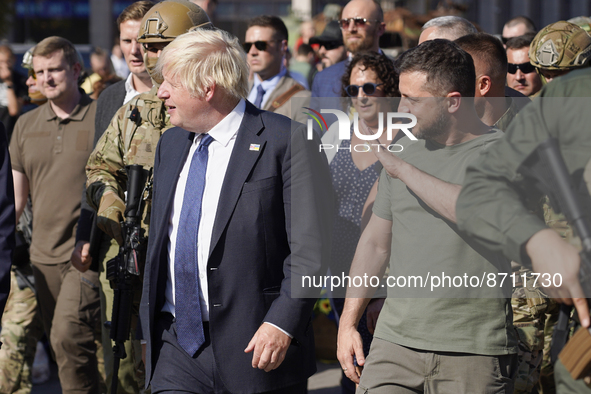  President of Ukraine Volodymyr Zelenskyi and Prime Minister of Great Britain Boris Johnson walk along Khreshchatyk Street, where an exhibit...