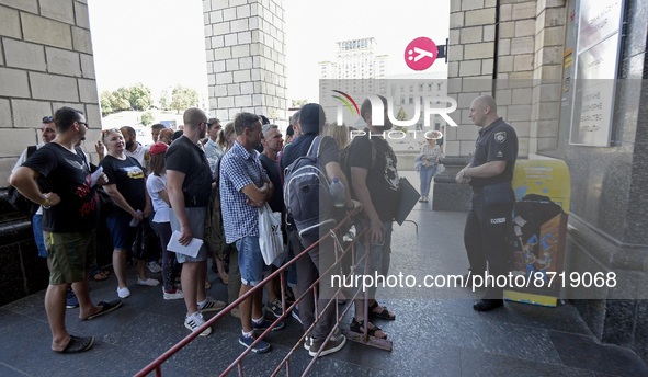 KYIV, UKRAINE - AUGUST 26, 2022 - People queue at the Central Post Office to purchase the Free. Unbreakable. Invincible. postage block, Kyiv...