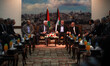 Senior Hamas leader Moussa Abu Marzouk (L) senior Fatah official Azzam Al-Ahmed (2nd L), h...