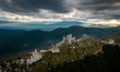 A drone view of the Castle of Rocca Calascio, Italy on September 2, 2022. At an elevation...