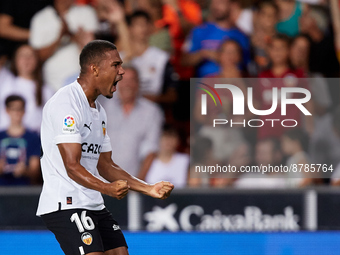 Samuel Lino of Valencia CF celebrates after scoring their side's second goal during the LaLiga Santander match between Valencia CF and Getaf...