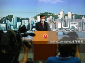 Hong Kong Chief Executive John Lee speaking during a press conference before the Executive Council meeting on September 6, 2022 in Hong Kong...