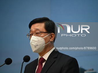 Hong Kong Chief Executive John Lee speaking during a press conference before the Executive Council meeting on September 6, 2022 in Hong Kong...
