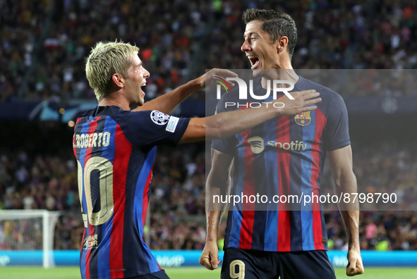 Robert Lewandowski goal celebration during the match between FC Barcelona and FC Vikoria Plzen, corresponding to the week 1 of the group C o...